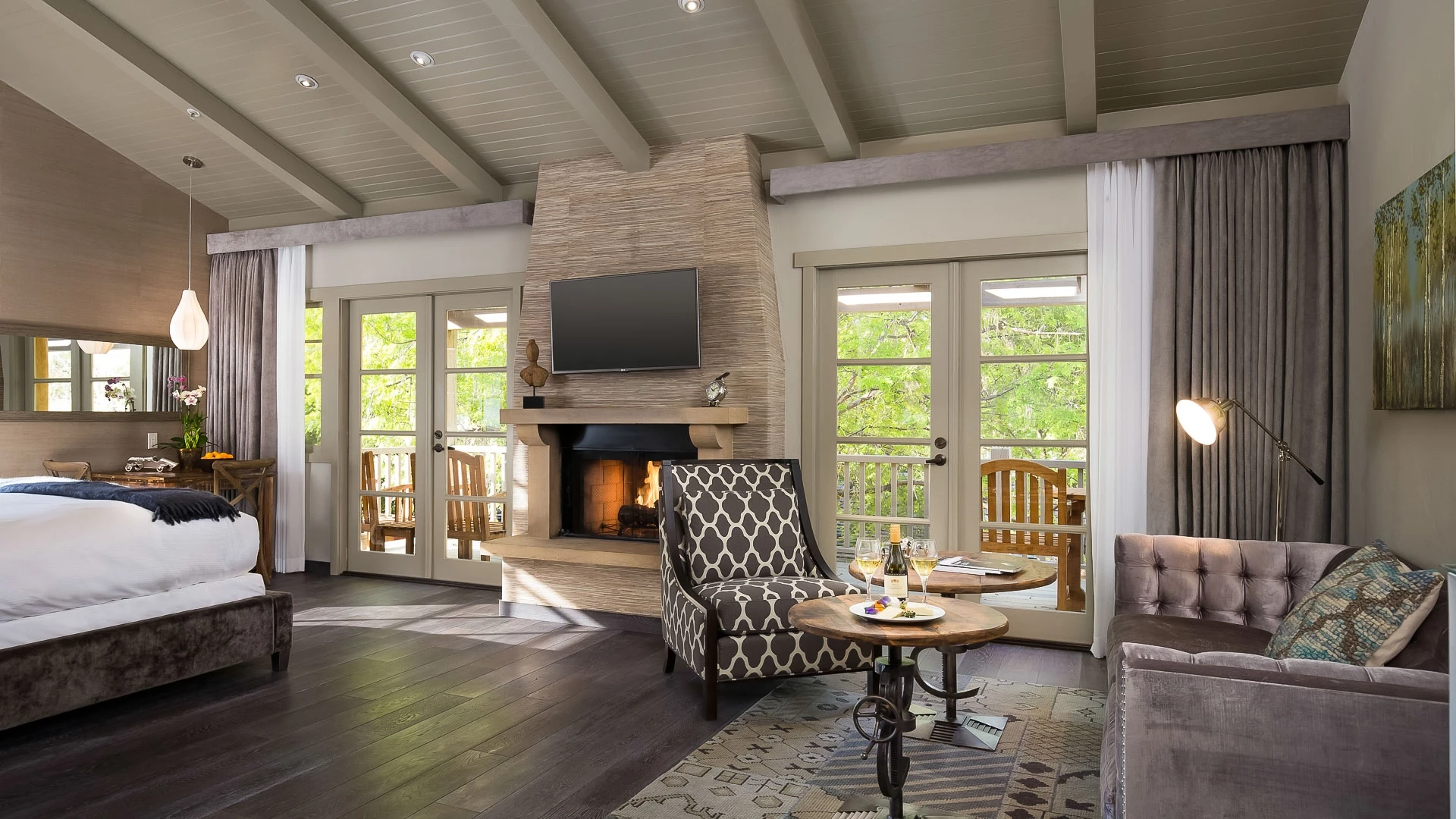 a living room with a fireplace and a couch