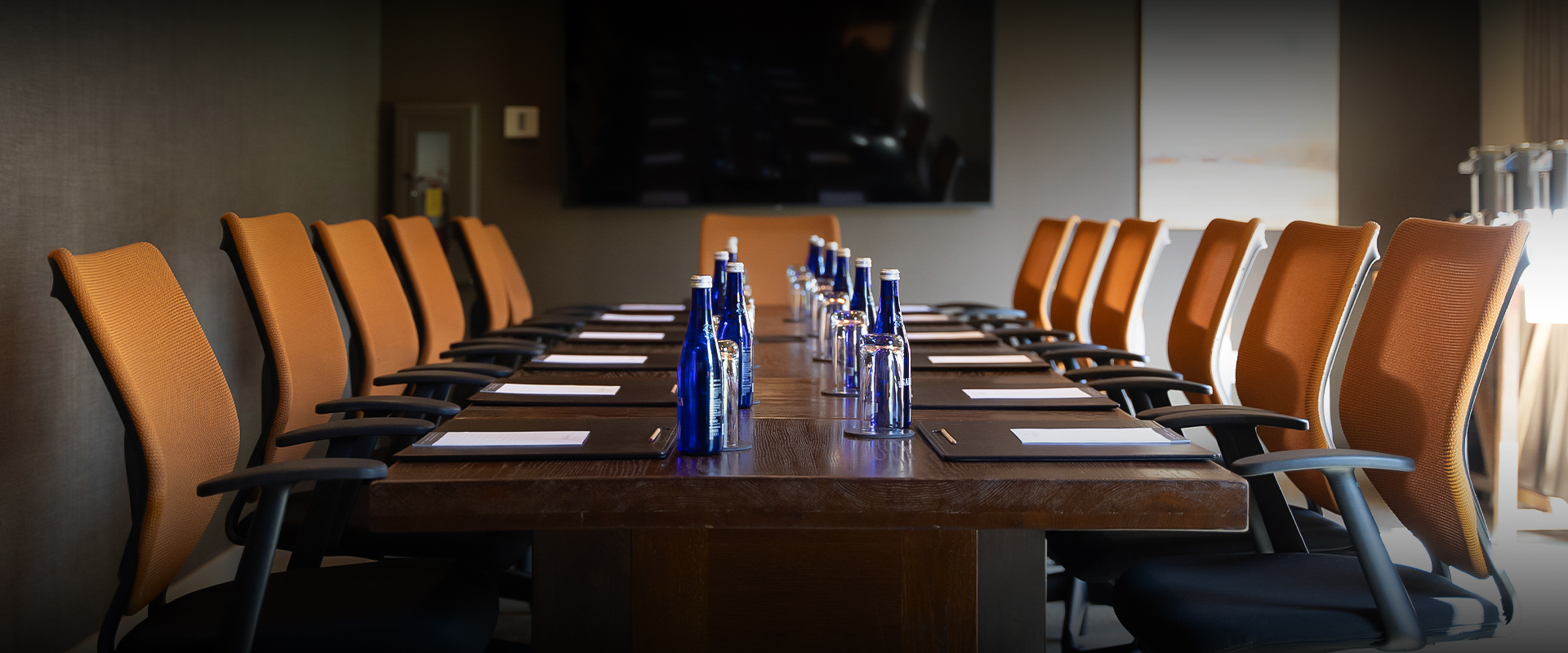 a table with blue bottles on it
