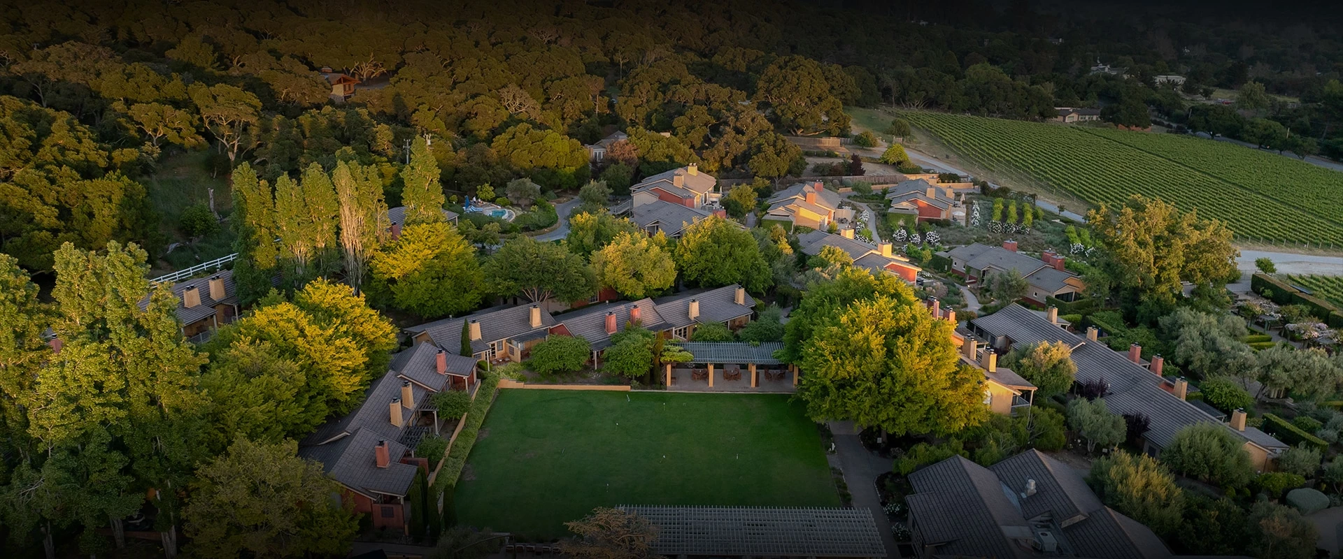 a group of houses with trees around it