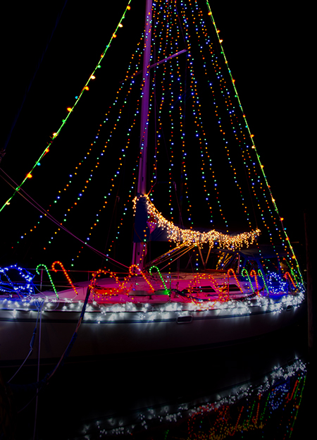 a boat with lights on it
