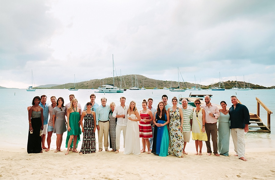 a group of people posing for a photo on a beach