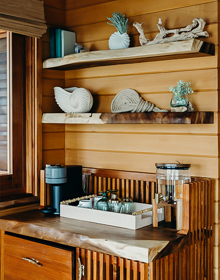 shelves on a wall with shelves and objects