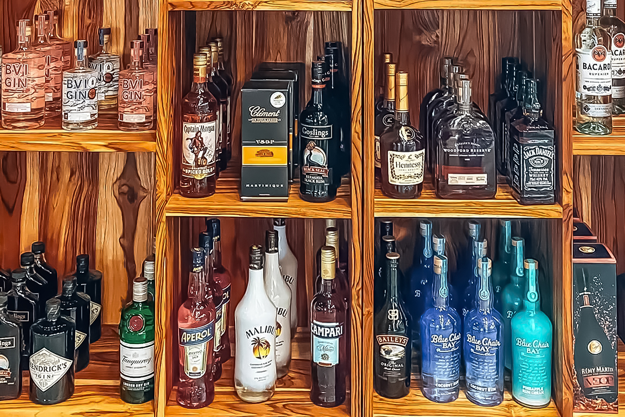 a shelf of liquor bottles
