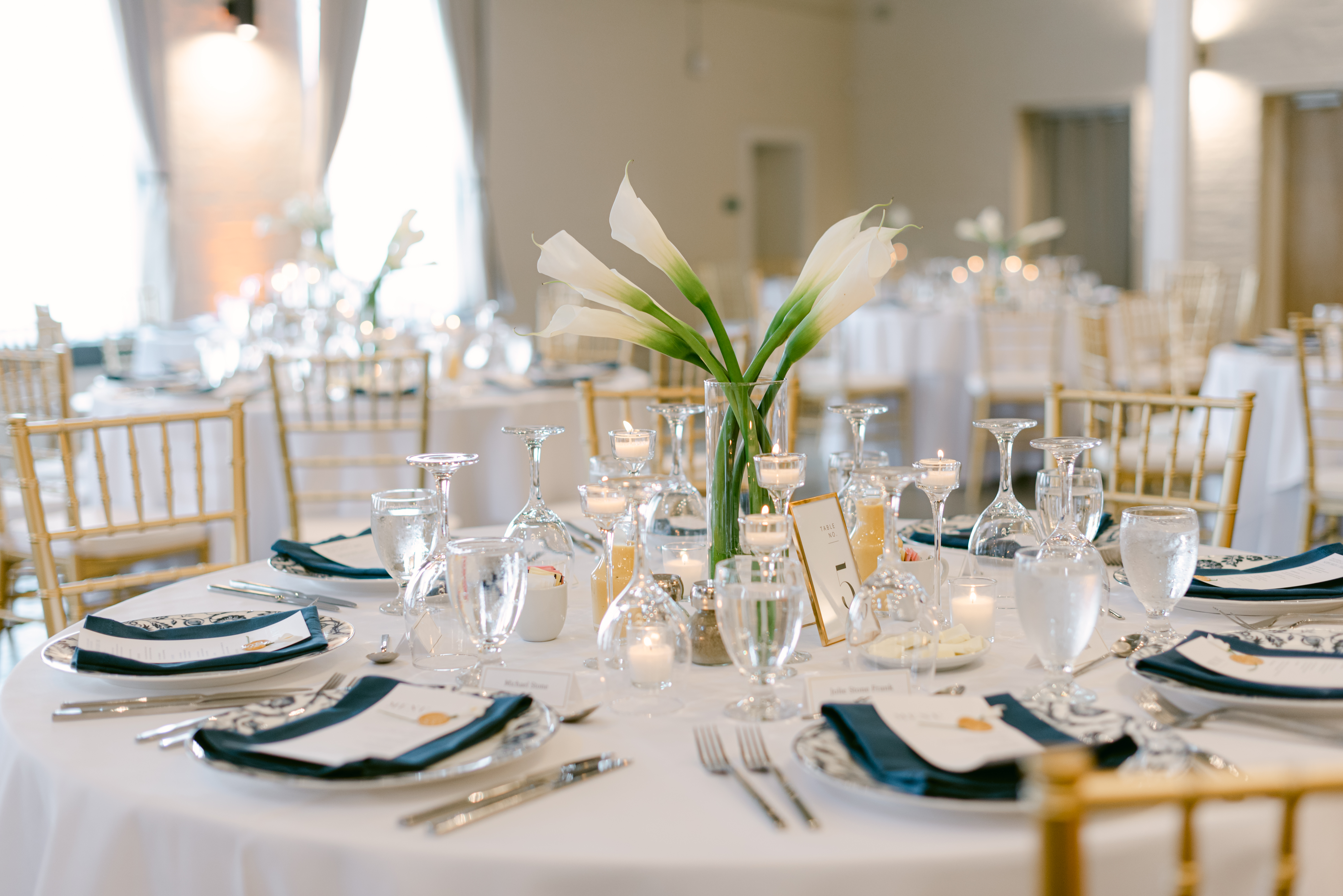 View of a sophisticated table decorated for a wedding reception