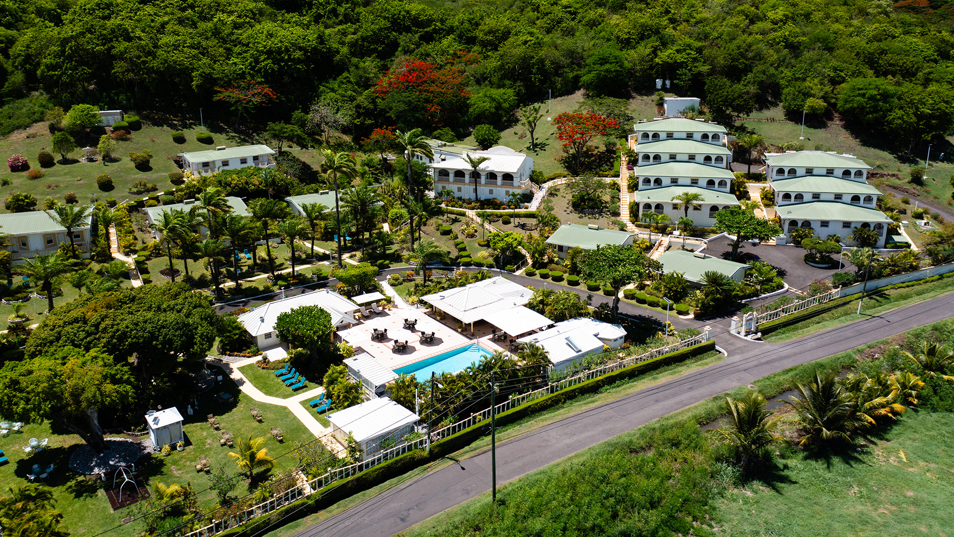 a group of buildings surrounded by trees