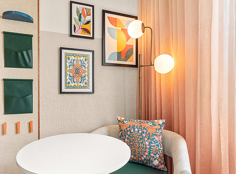 a lamp next to a table