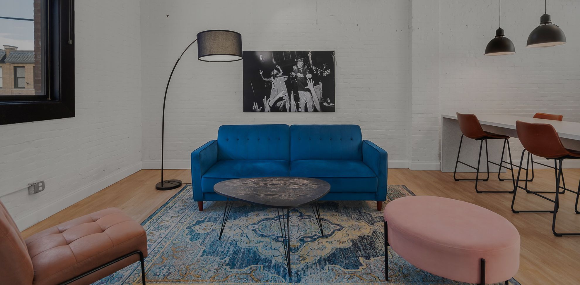 a blue couch in a room