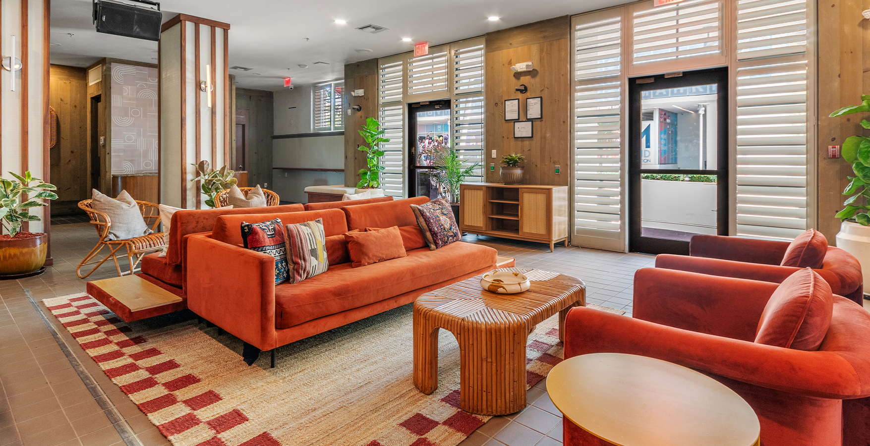a room with a couch and a coffee table