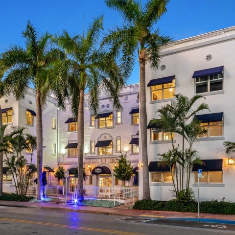 a building with palm trees and blue awnings