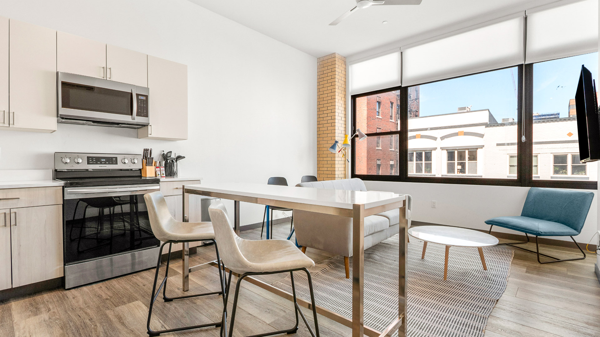 a room with a table and chairs