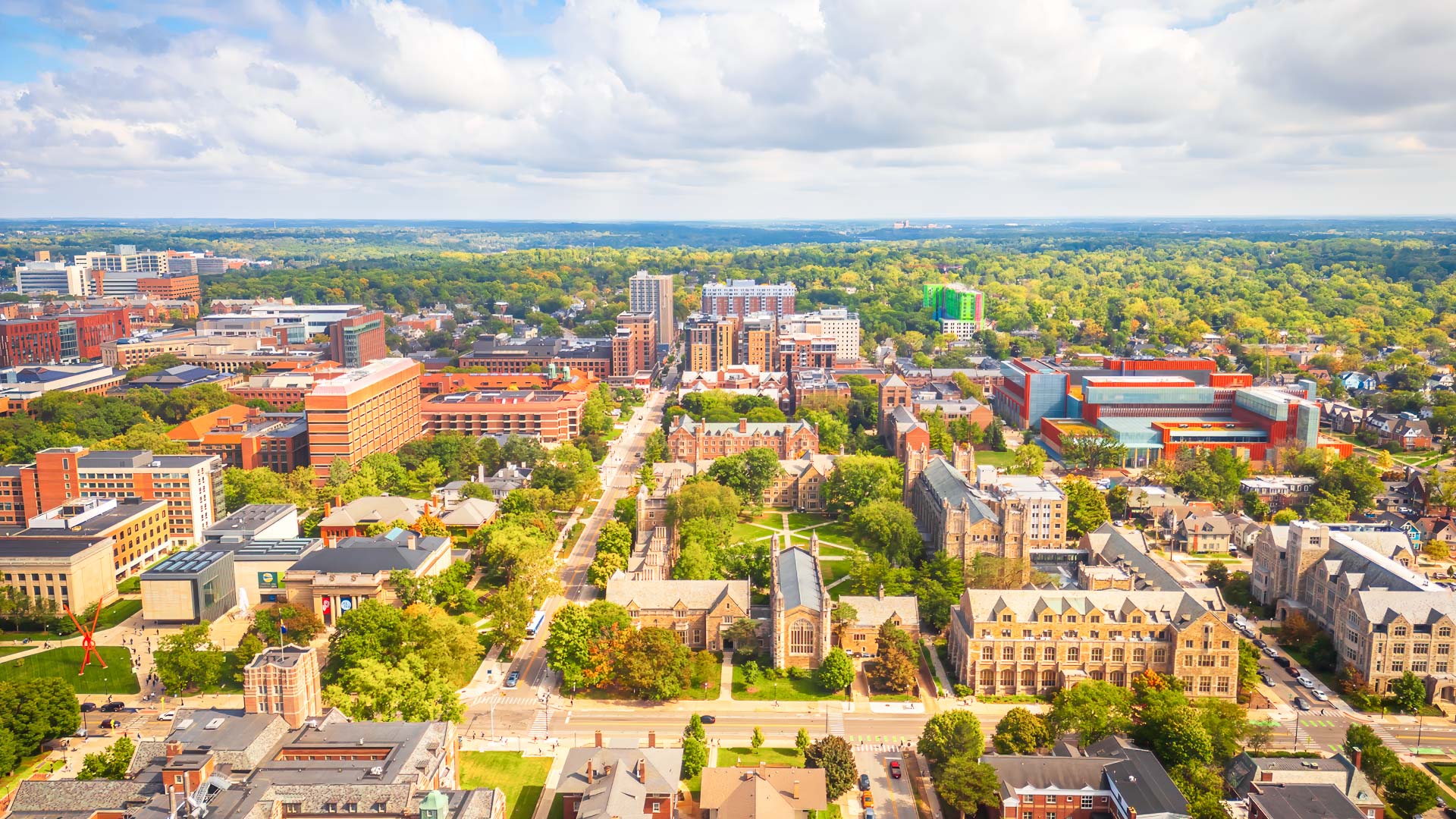 a city with trees and buildings