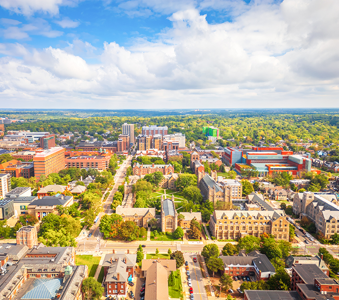 a city with trees and buildings