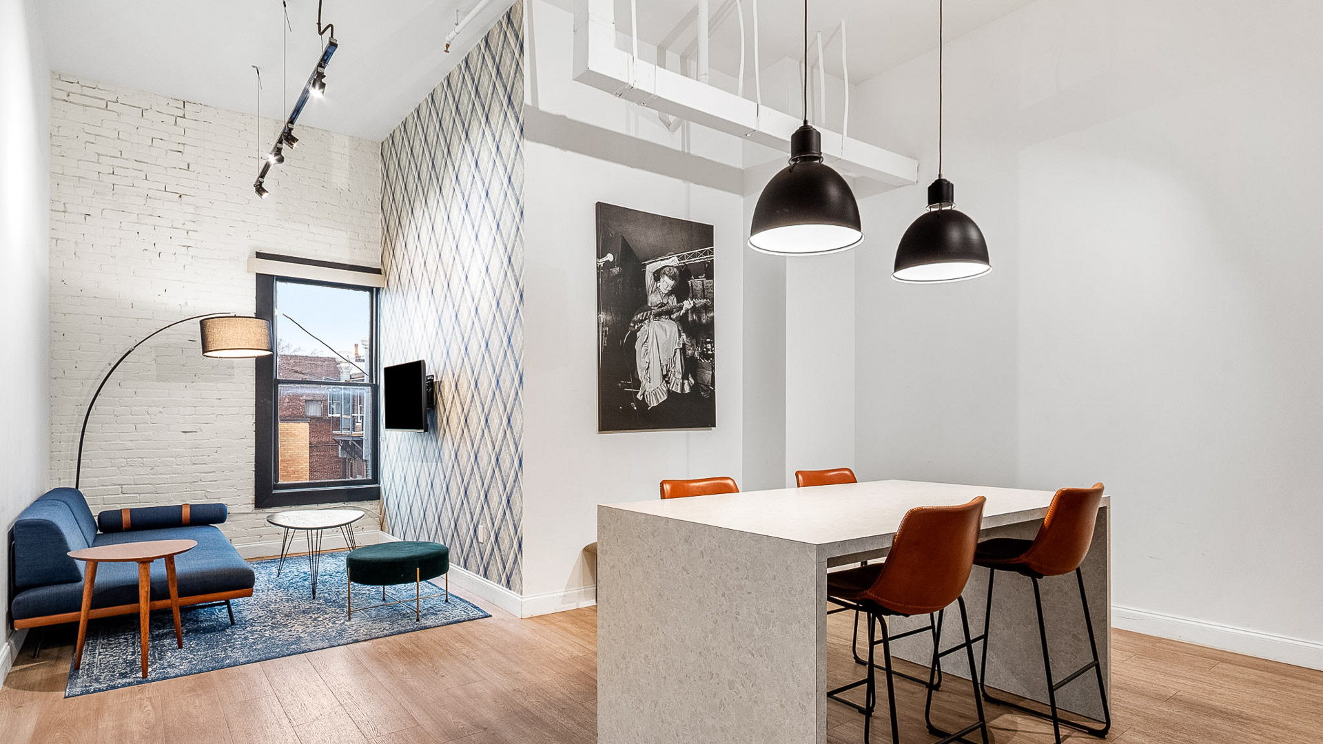 a room with a table and chairs