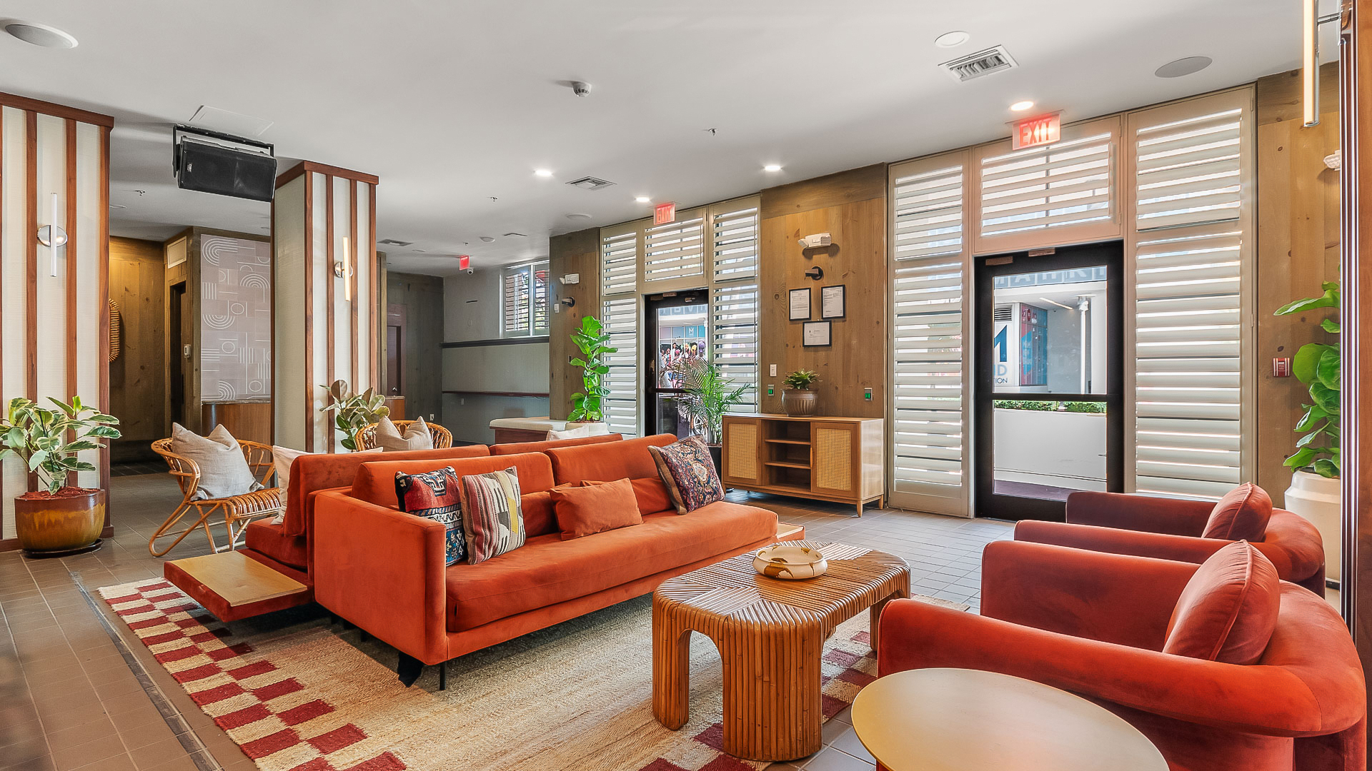 a room with a couch and a coffee table