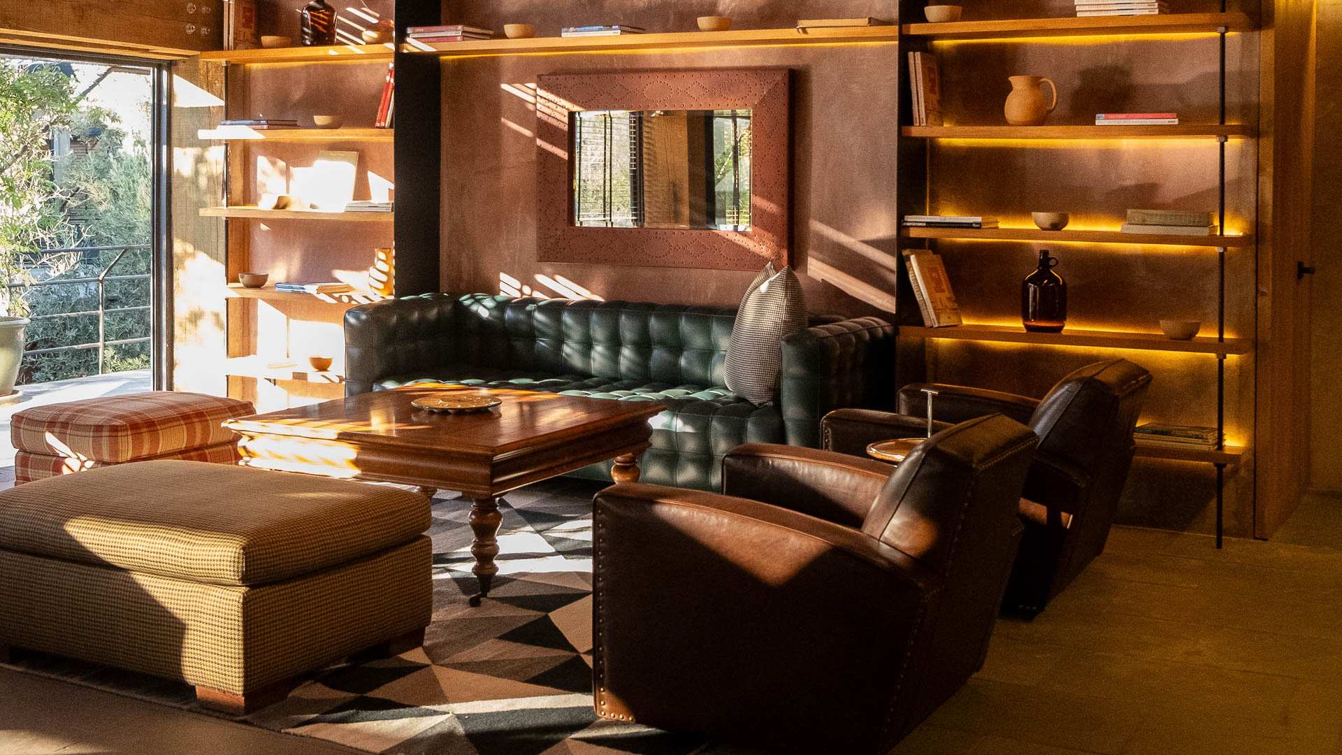 a room with a couch and a coffee table