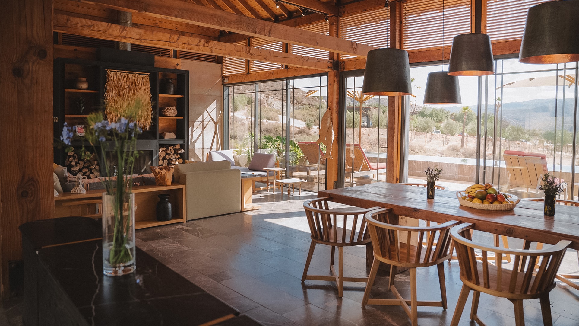 a room with a table and chairs