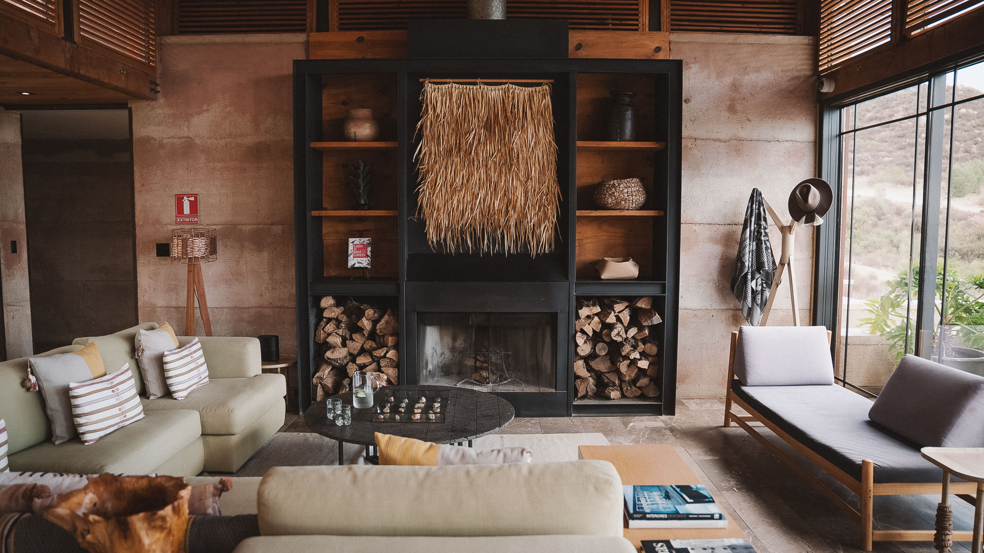 a room with a fireplace and a couch