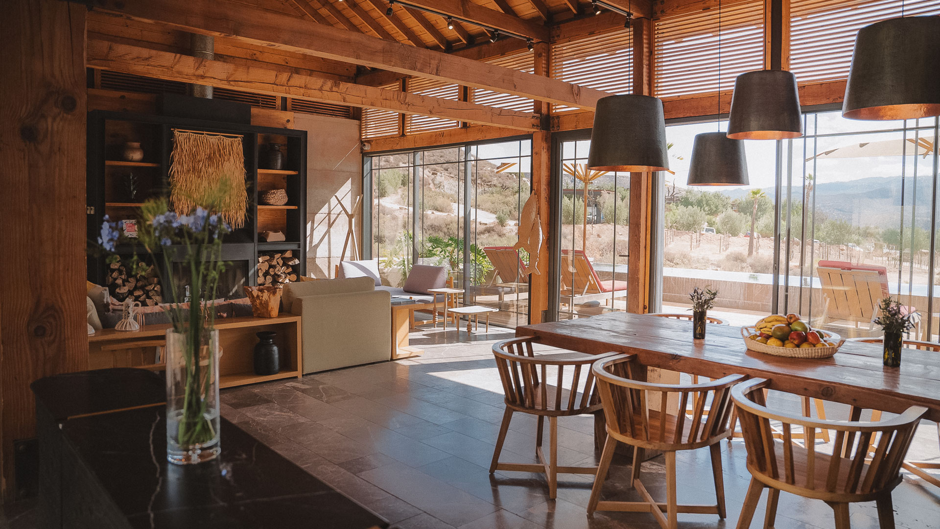 a room with a table and chairs