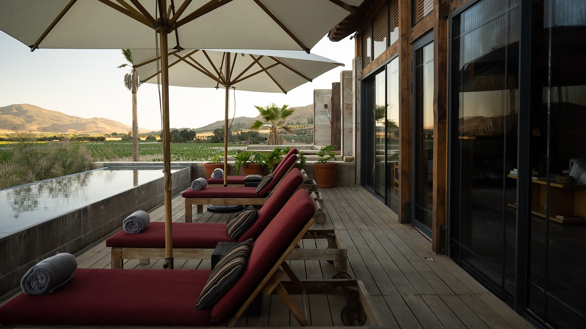 a deck with chairs and umbrellas