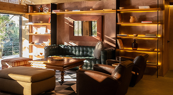 a room with a couch and a coffee table