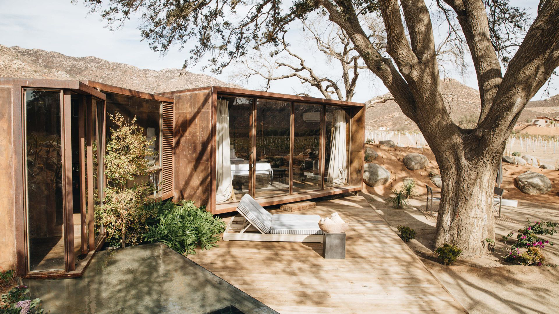 a house with a deck and a tree
