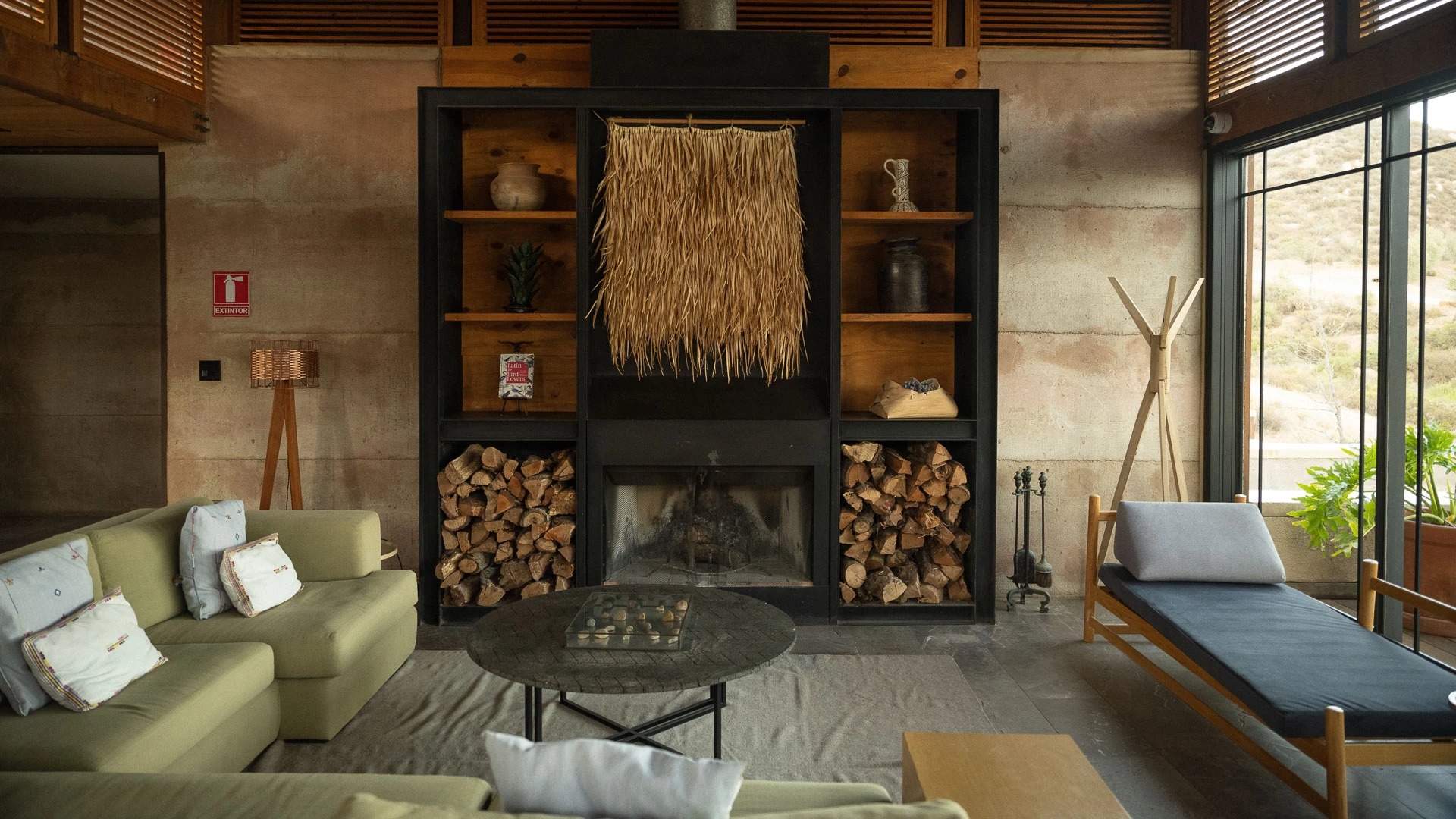 a room with a fireplace and a couch