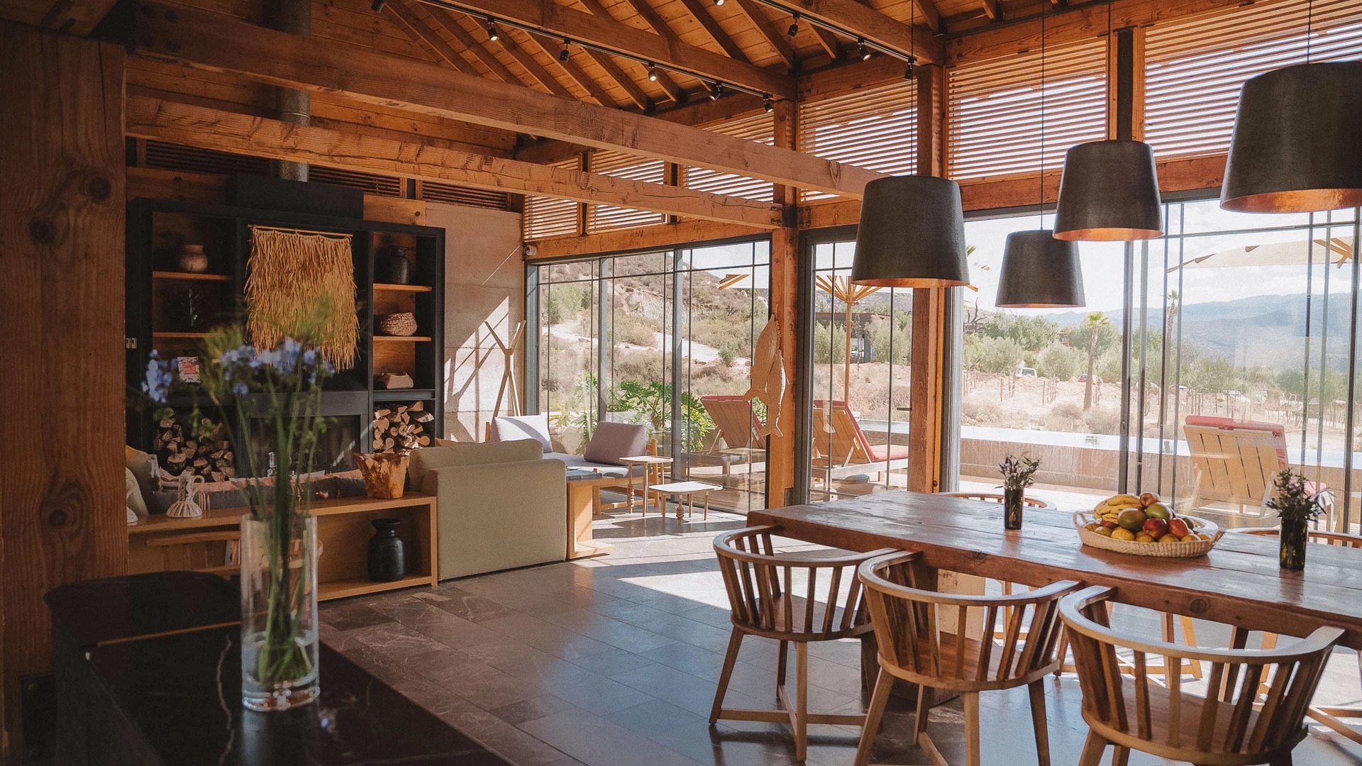 a room with a table and chairs