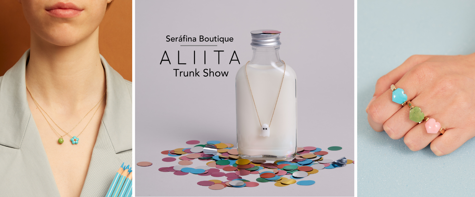 a bottle with a necklace on top of colorful confetti