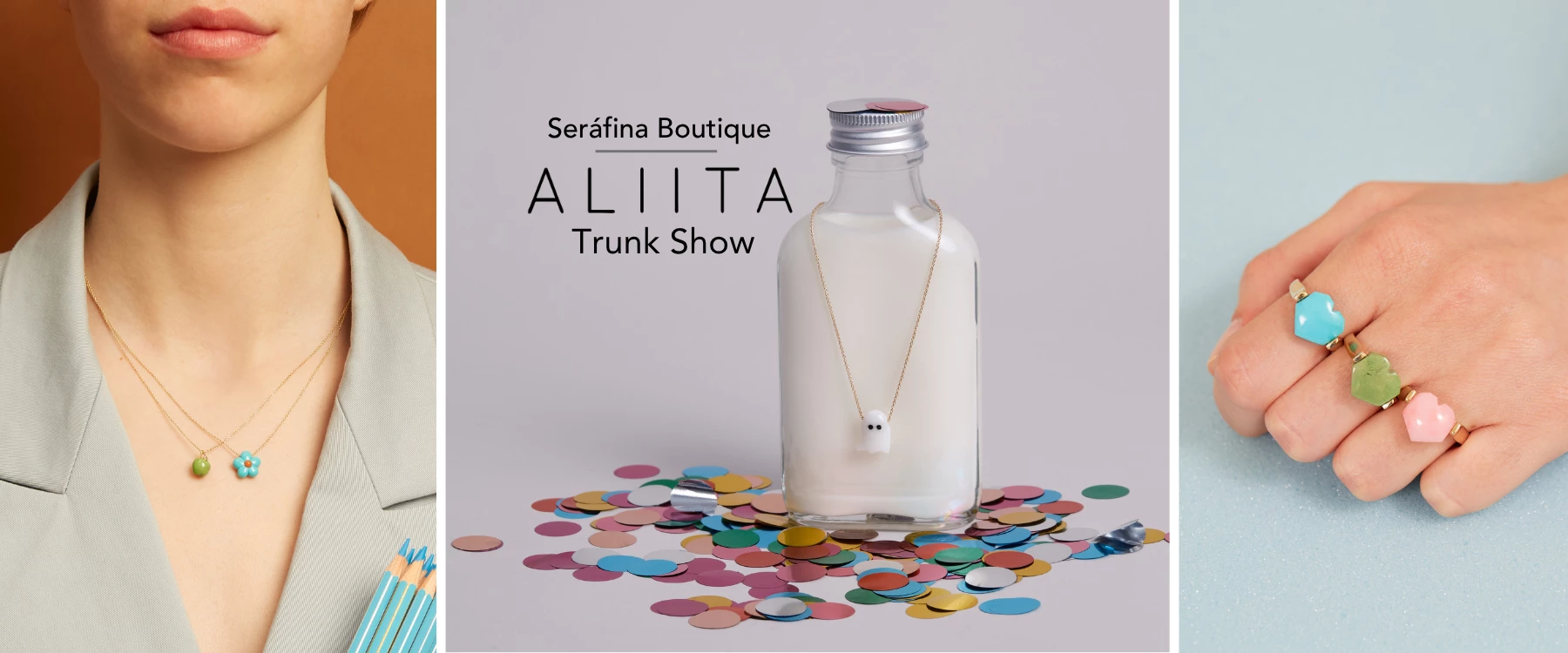 a bottle with a necklace on top of colorful confetti