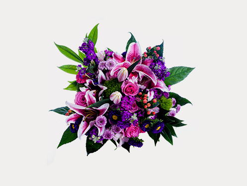 a bouquet of flowers with leaves