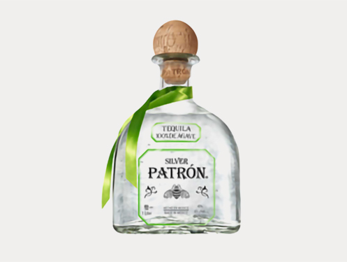 a bottle of alcohol with a green ribbon
