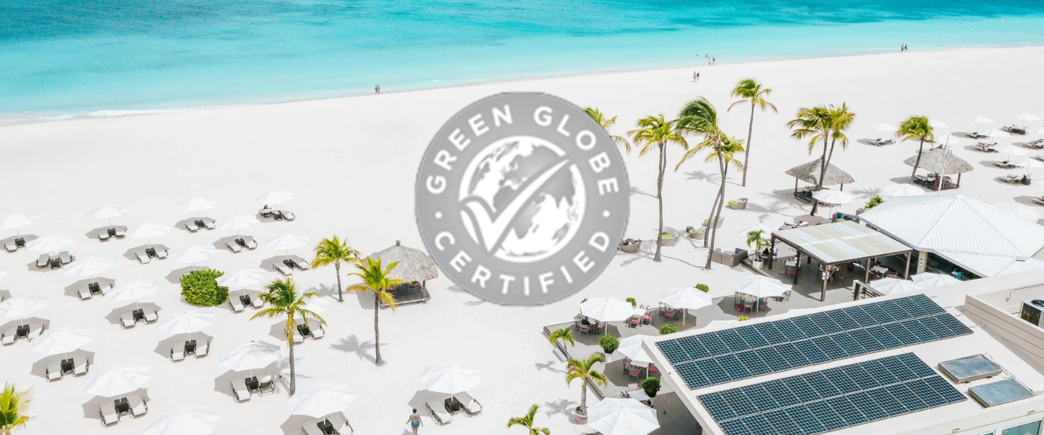 a beach with palm trees and umbrellas