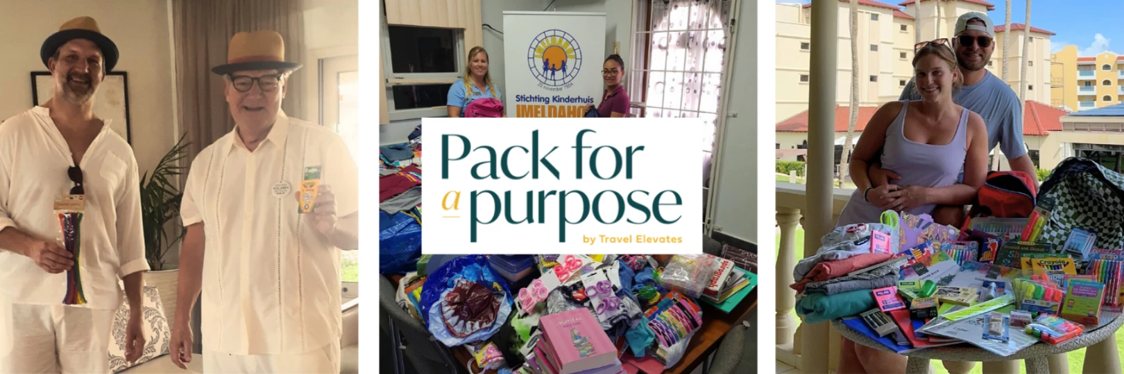 Pack for a Purpose logo and guests with donations