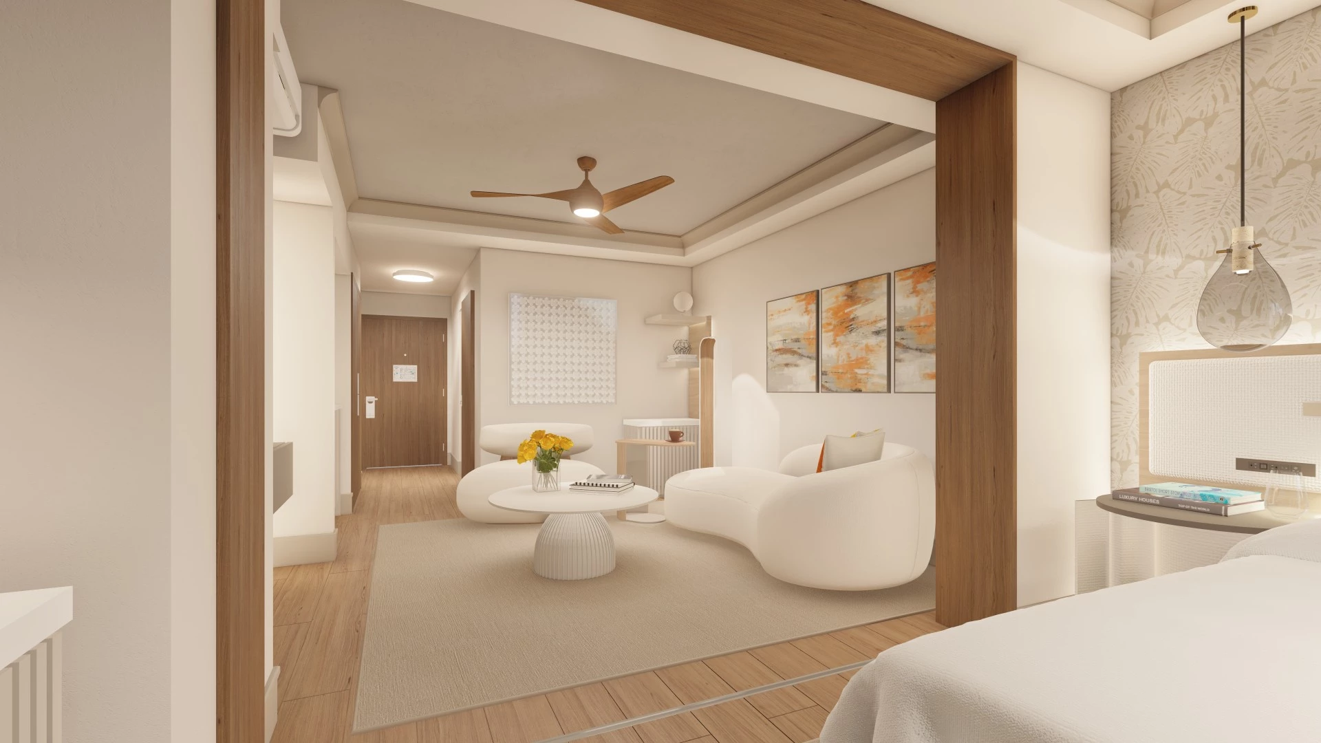 a room with a couch and a fan