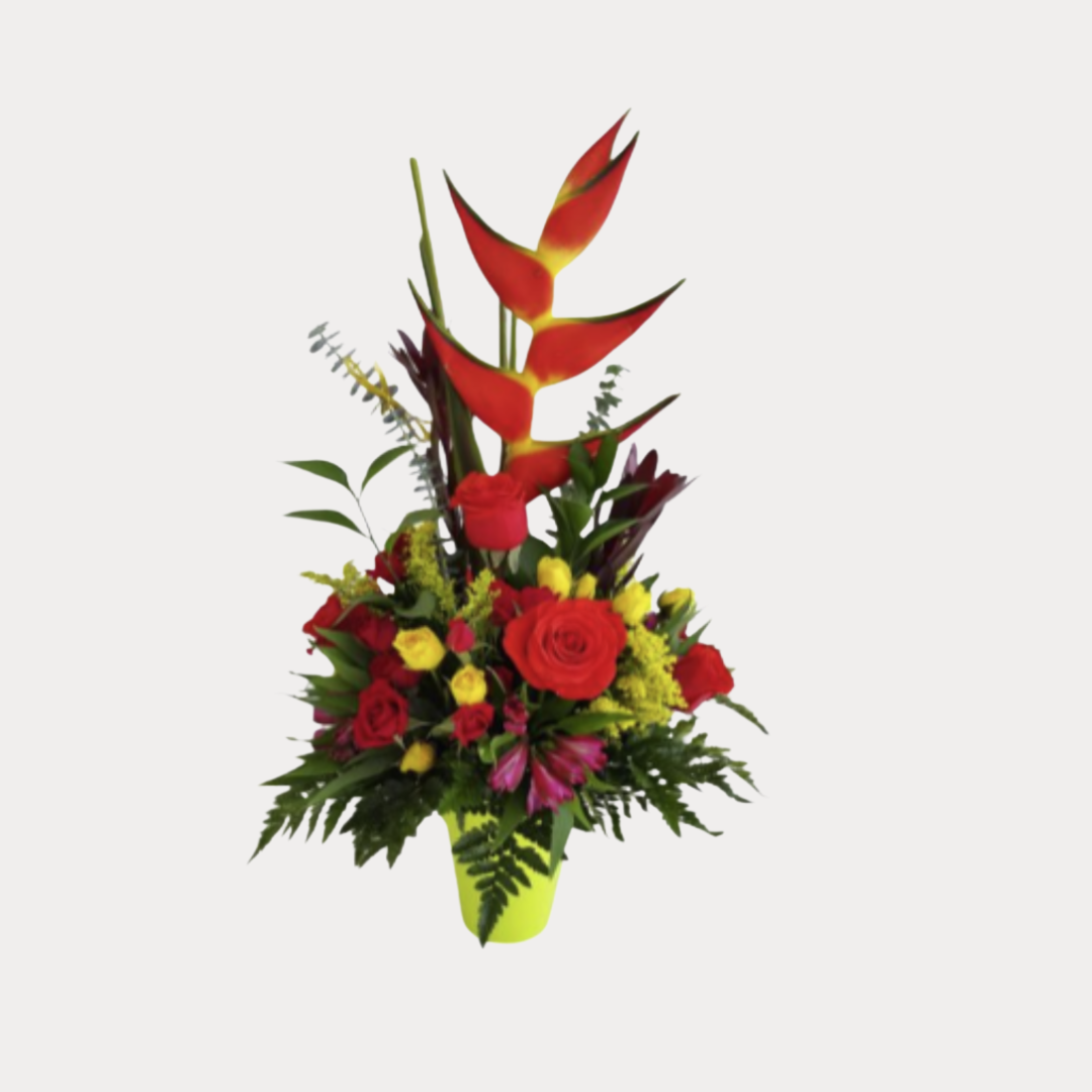 a bouquet of flowers in a green container