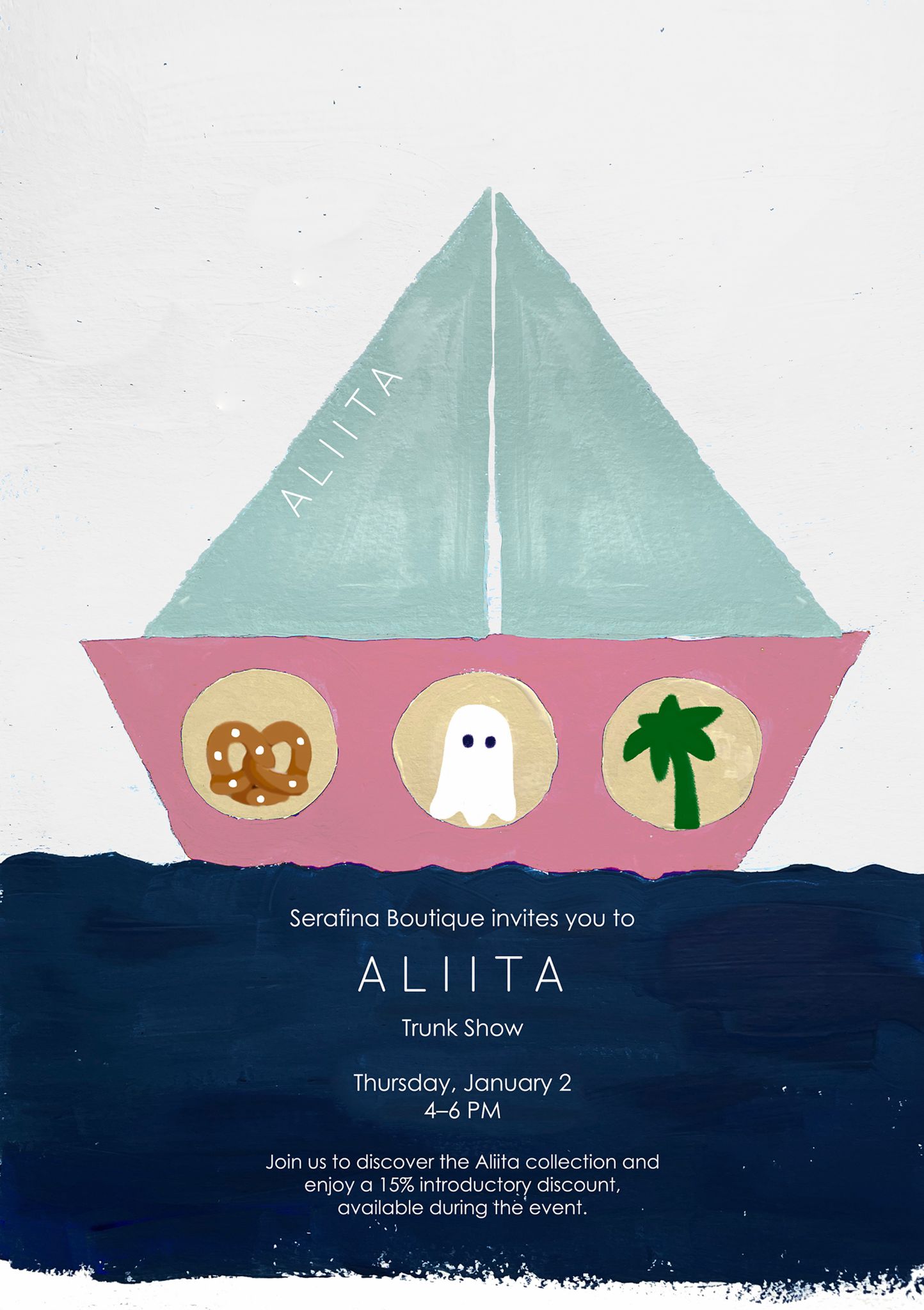 a pink boat with a ghost on it