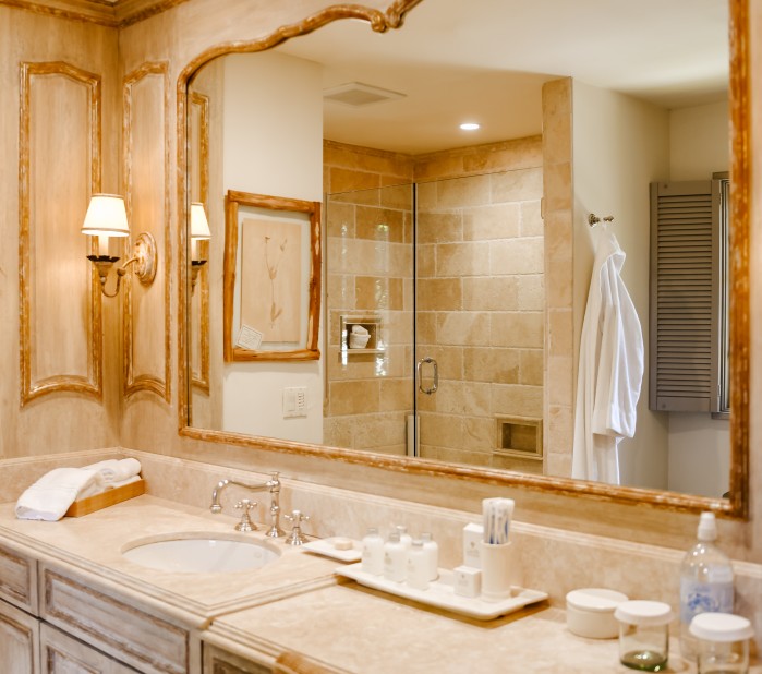 a bathroom with a large mirror