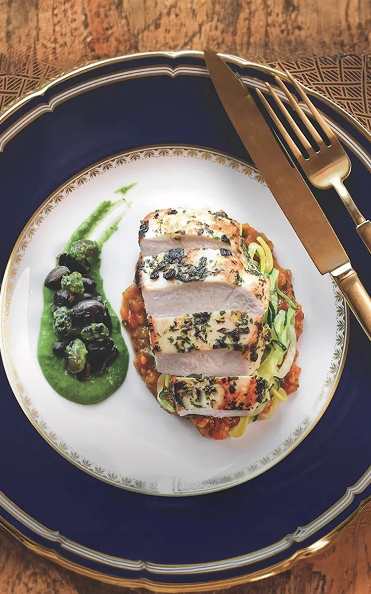 a plate of food with a fork and knife