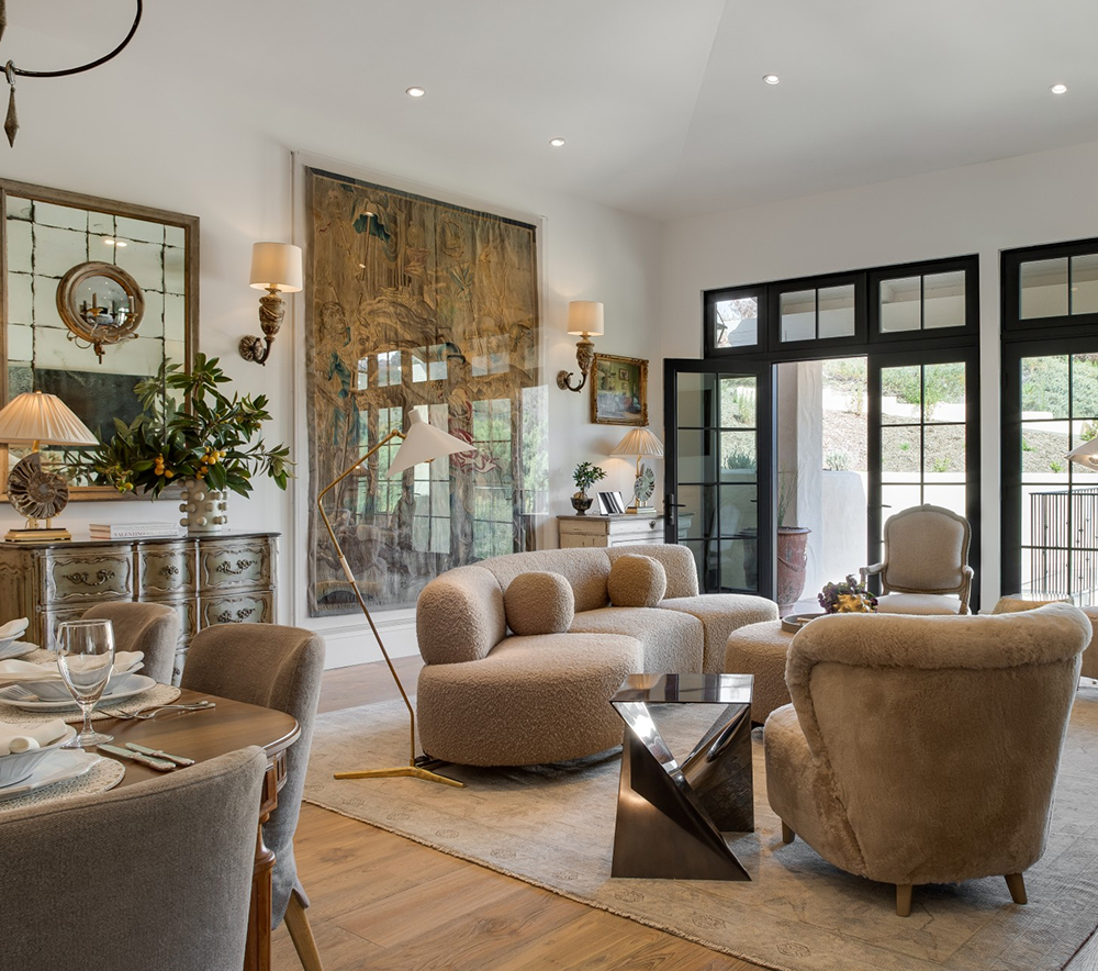 a living room with a couch and a table