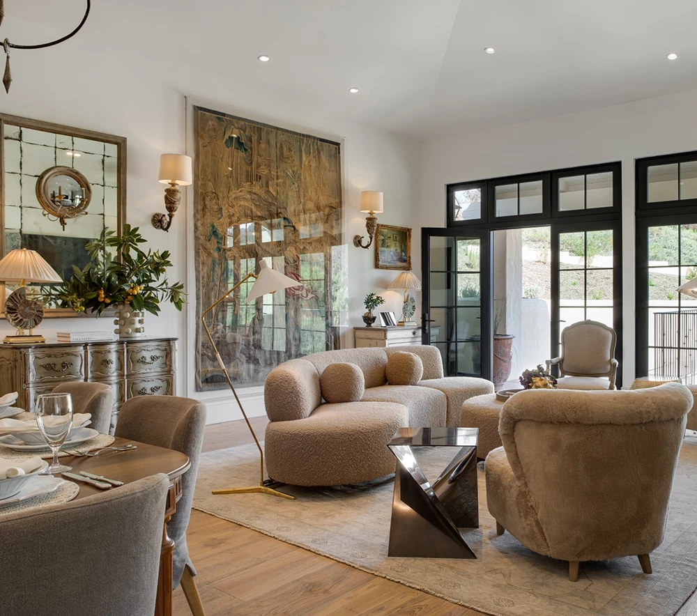 a living room with a couch and a table