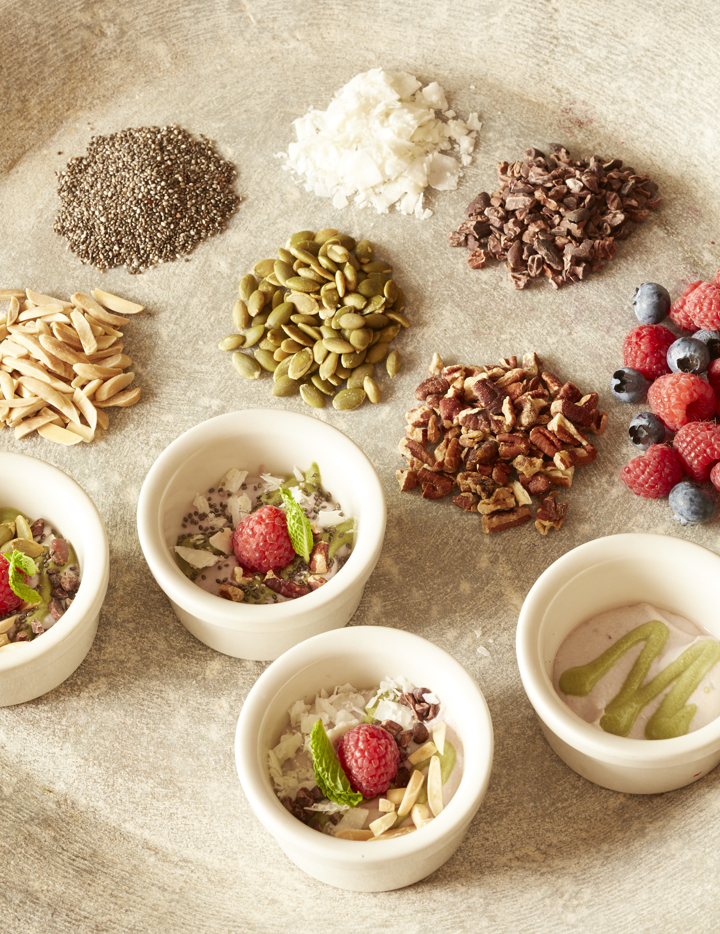 a group of bowls of food