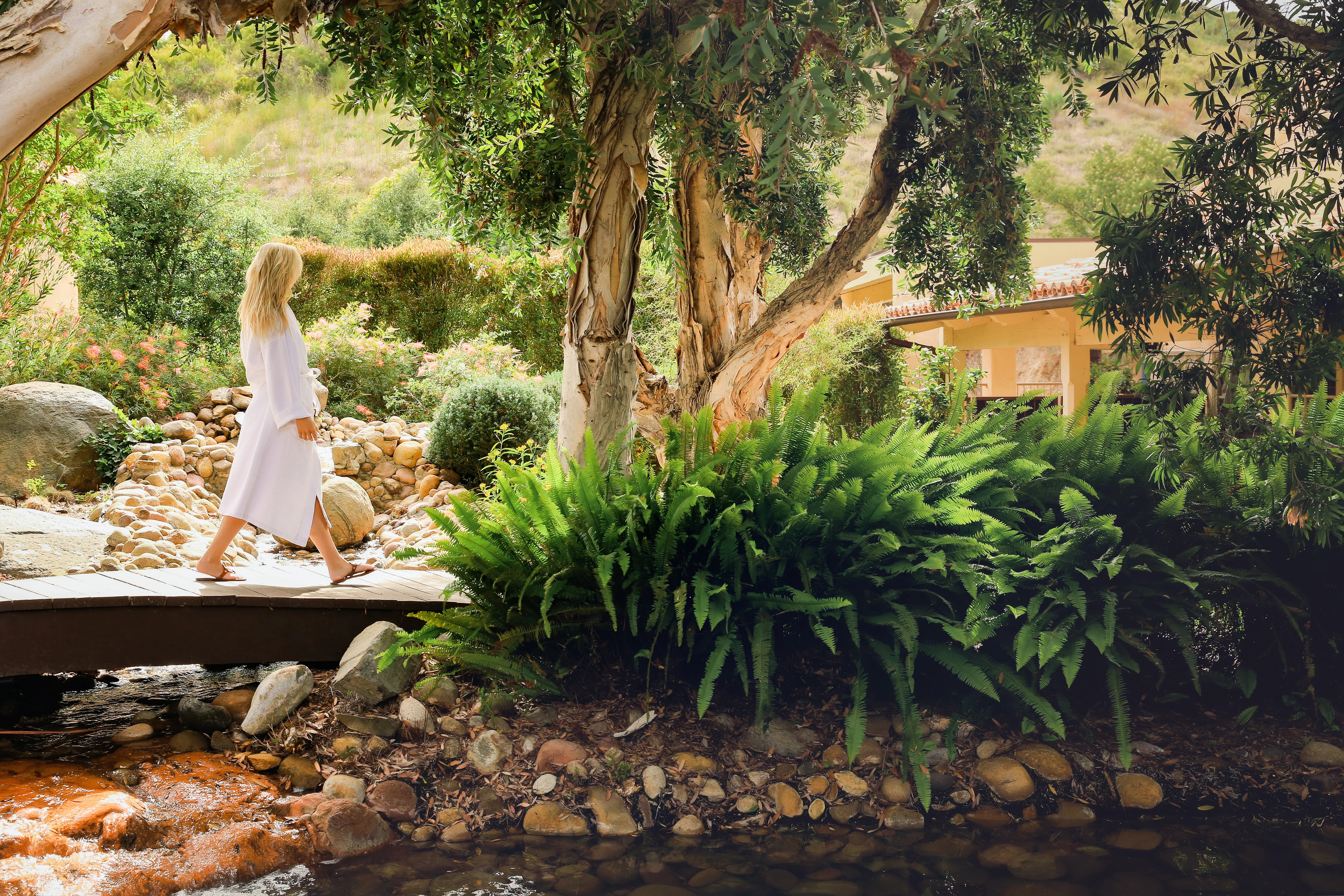 a woman walking on a bridge near a river