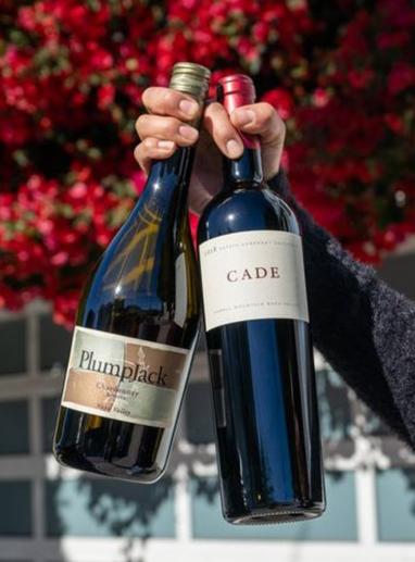 a person holding up two wine bottles