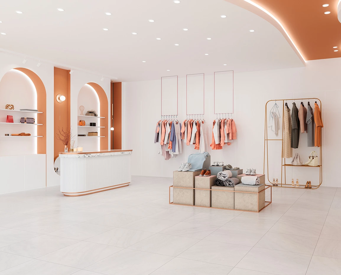 a room with a counter and shelves with clothes