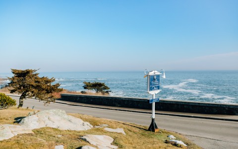 a sign on a hill by a road with a body of water in the background