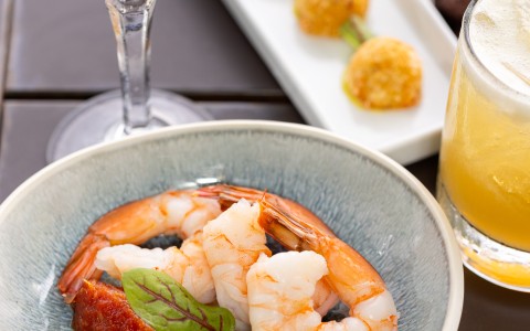 a plate of food and a drink