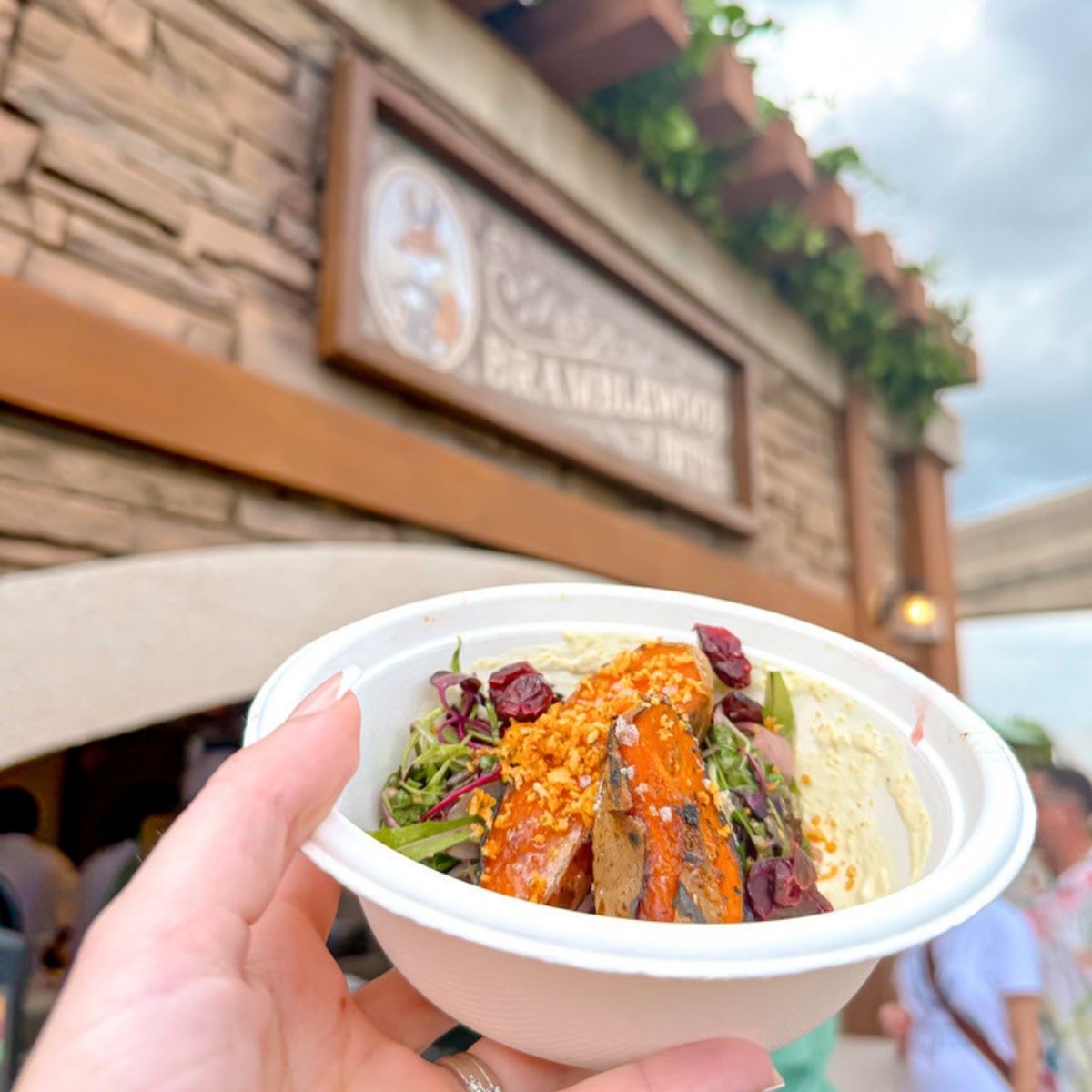 a hand holding a bowl of food