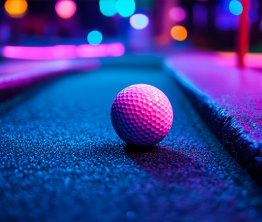 a pink golf ball on a blue surface