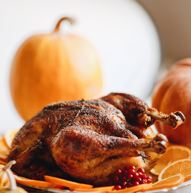 Big Thanksgiving Turkey with an orange pumpkin in the background