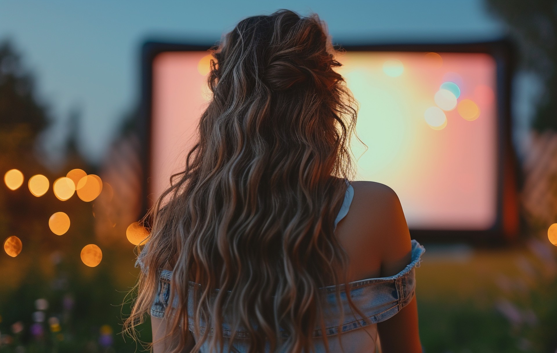 a woman looking at a television